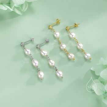 Sterling Silver Genuine Freshwater Pearl Trio Drop Earrings, 7 of 11