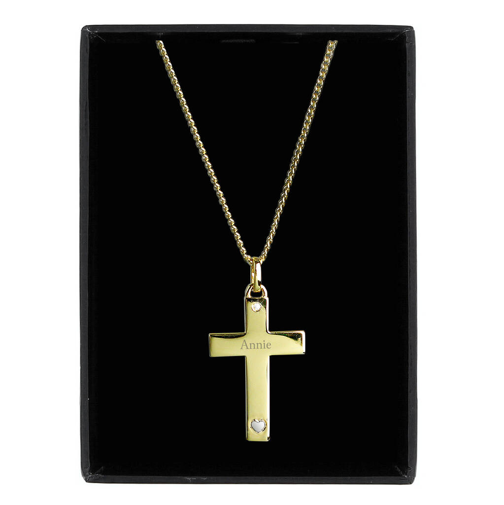 Personalised Gold Cross With Heart And Cz Necklace By 1st Birthday
