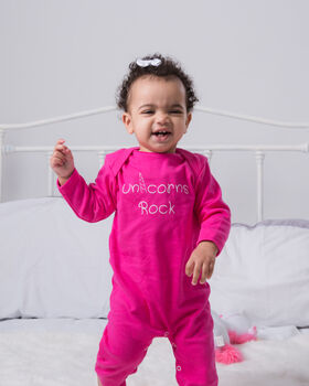 Baby Sleepuit, Unicorns Rock, Pink Babygrow, Baby Gift, 3 of 6