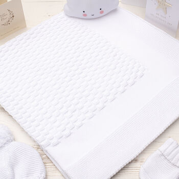 Toffee Moon White Knitted Personalised New Baby Blanket, 8 of 8