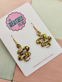 Snake Glitter Resin Earrings / Gothic Serpent Jewellery / Medusa Aesthetic Earrings / Snake Lovers Gift, 3 of 6