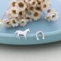 Tiny Mismatched Horse And Horseshoe Stud Earrings In Sterling Silver, thumbnail 3 of 8