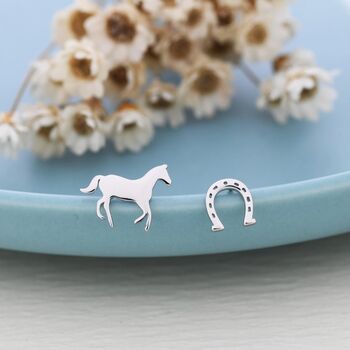 Tiny Mismatched Horse And Horseshoe Stud Earrings In Sterling Silver, 3 of 8