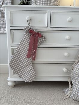 Personalised Beige Gingham Stocking Velvet Bow, 2 of 6