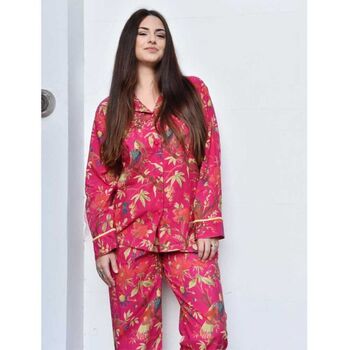 Ladies Hot Pink Birds Of Paradise Print Cotton Pyjamas, 4 of 6