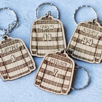 Personalised Wooden Rugby Shirt Keyring With Custom Name And Number, 4 of 5