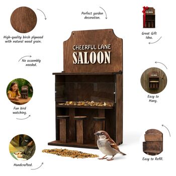 Personalized Wooden Bird Feeder Saloon For Outdoors, 4 of 7