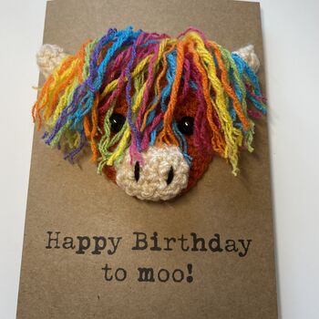Rainbow Highland Cow Crochet Birthday Card Handmade Moo, 10 of 11