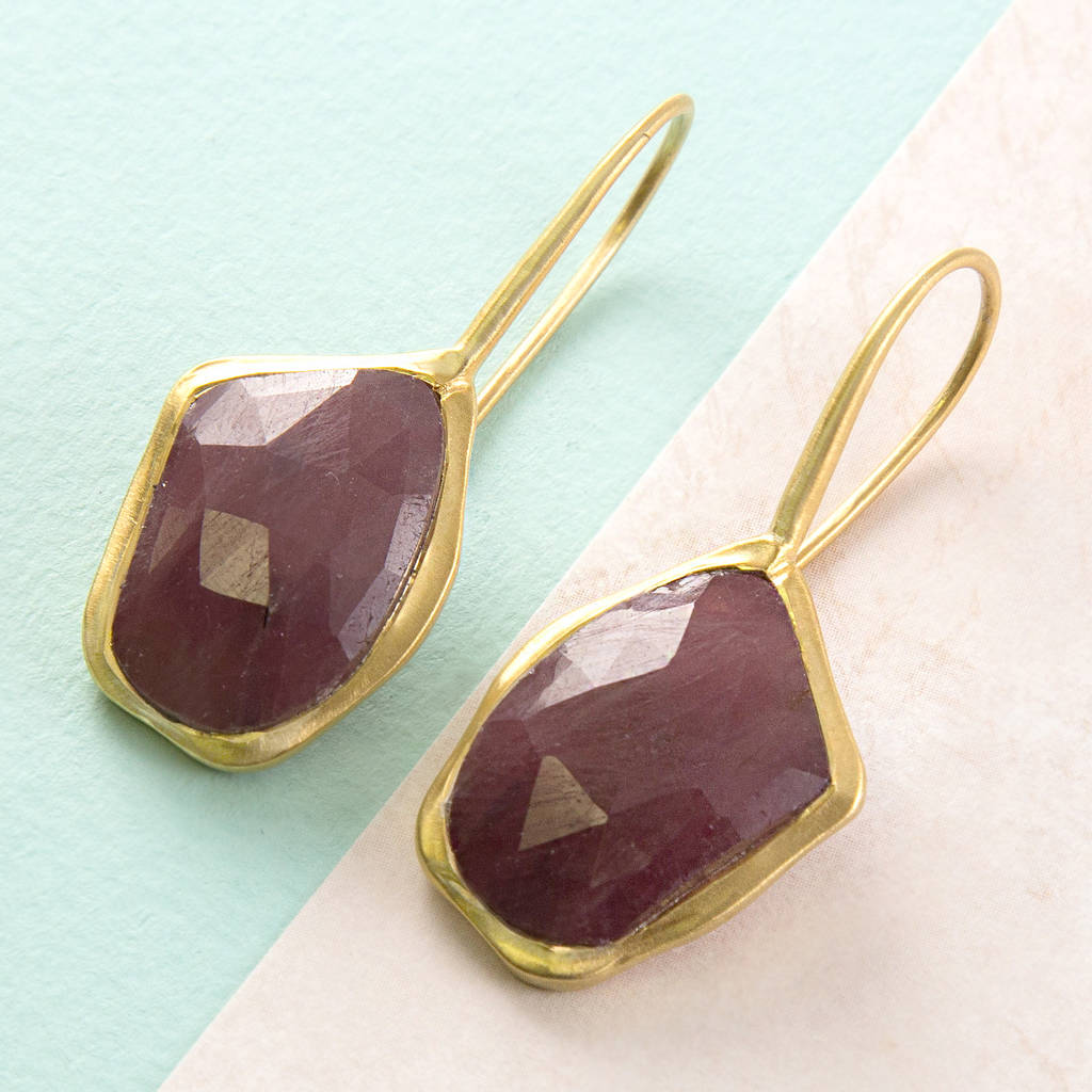 Geometric Red Sapphire Faceted Gold Drop Earrings By Embers