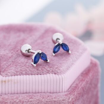 Sapphire Blue Cz Marquise Leaf Duo Barbell Earrings, 8 of 11