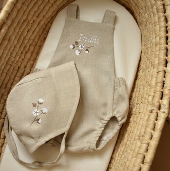 Handmade Personalised Name Linen Romper Cotton Branch, 2 of 3