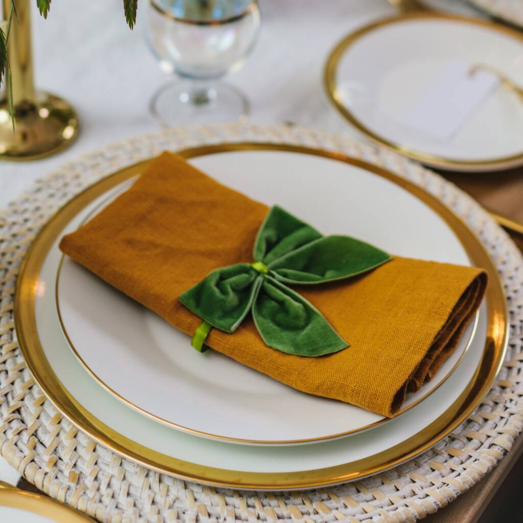 Duo Of Moss Green Velvet Napkin Bows By Truffle Tablescapes