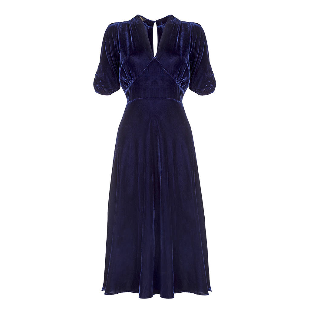 Midnight Blue Silk Velvet Tea Dress By Nancy Mac
