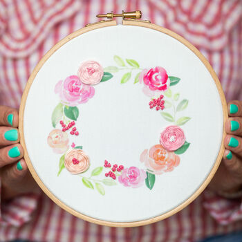 Pink And Peach Wreath Embroidery Hoop Kit, 6 of 6