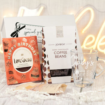 Personalised Happy Birthday Glass Mug Coffee Lover Gift Box Hamper, 5 of 8