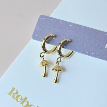 Mushroom Charm Huggie Hoop Earrings, 2 of 4