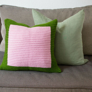 Colour Block Cushion Hand Knit In Emerald And Pink, 4 of 5