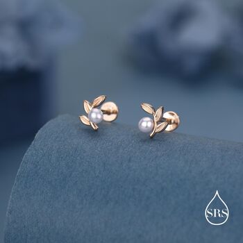 Sterling Silver Pearl Leaf 16 G Flat Back Earrings Internally Threaded, 3 of 11