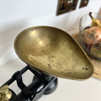 Vintage Salter Staffordshire Cast Iron Kitchen Scales With Brass Weights, 4 of 6