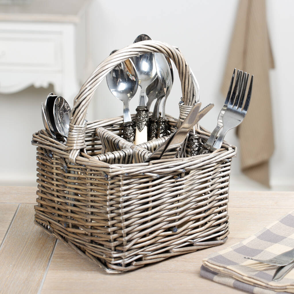 Wicker Four Section Cutlery Storage Basket By Dibor