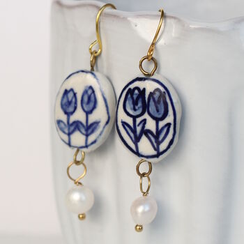Delft Blue Tulip Earrings With Freshwater Pearl, 2 of 7
