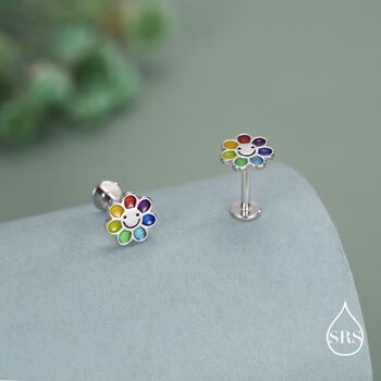 Sterling Silver Rainbow Flower 16 G Flat Back Earrings Internally Threaded, 6 of 11