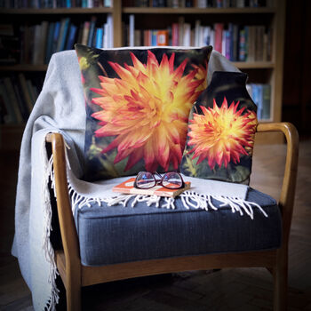 Orange Dahlia Velvet Cushion, 4 of 5