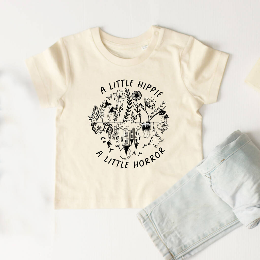 A Little Hippie A Little Horror Baby T Shirt/ Romper, 1 of 3