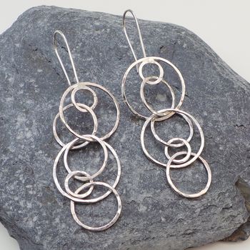 Circle Hammered Sterling Silver Long Drop Earrings, 3 of 6