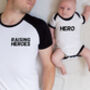 Parent And Child 'Raising Heroes Or A Hero' T Shirt Set, thumbnail 1 of 2