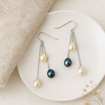 Sterling Silver Freshwater Pearl Triple Drop Earrings, 2 of 4