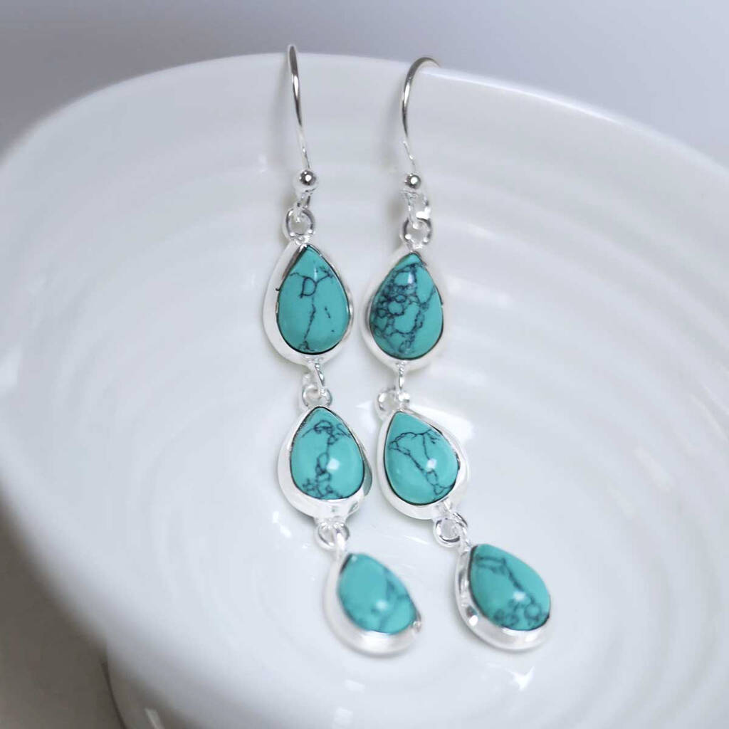 Sterling Silver Triple Turquoise Dangly Teardrops, 1 of 2