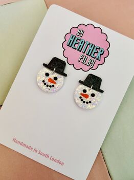 White Snowman Glitter Resin Christmas Earrings / Festive Jewellery / Winter Wonderland Jewellery, 4 of 7