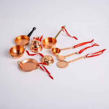 Set Of Nine Hadnmade Copper Miniature Kitchen Utensils Set – Collectible Decor And Xmas Tree Festive Ornaments, 2 of 4