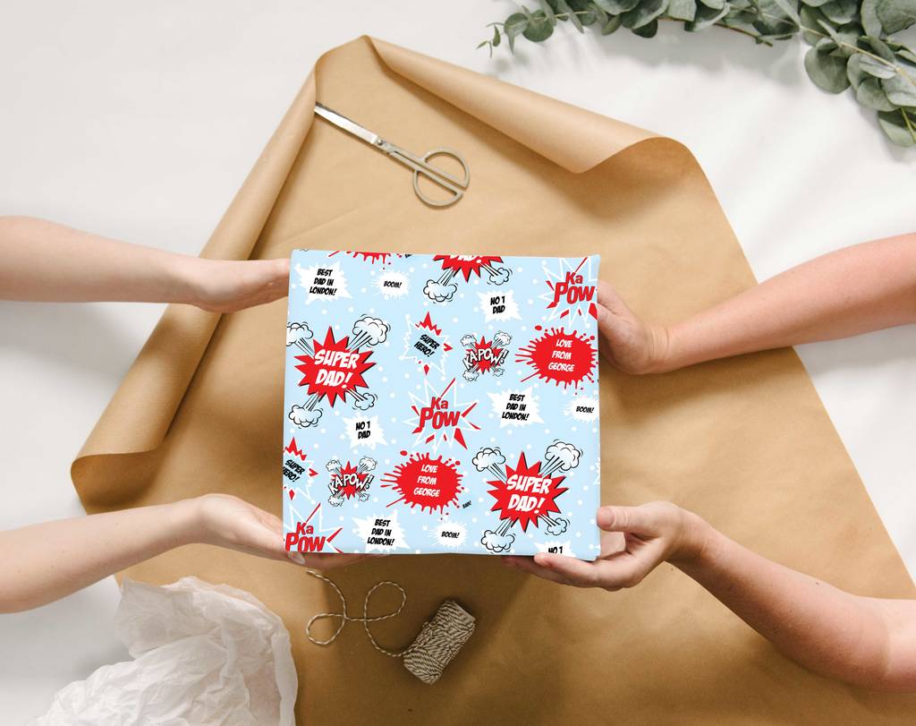 personalised superhero daddy wrapping paper by abigail warner