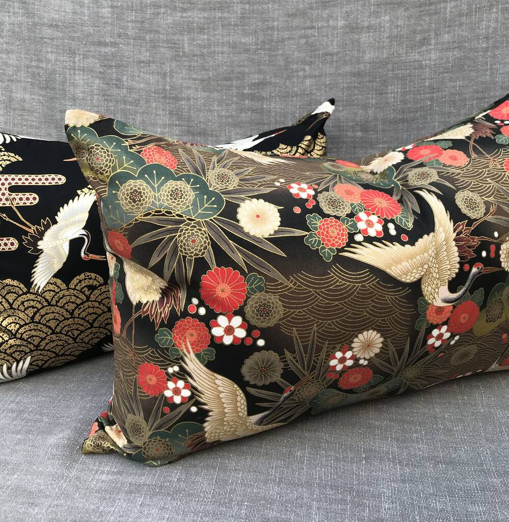 Japanese Floral Crane Cotton Cushion By Lily King