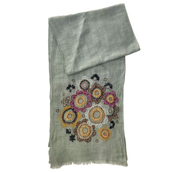 Hand Embroidered 100% Linen Scarf In Grey Floral, 2 of 5