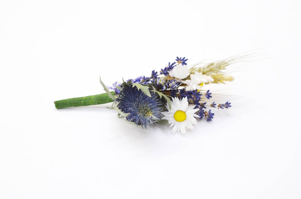 Three Blue Wheat Buttonholes By Shropshire Petals