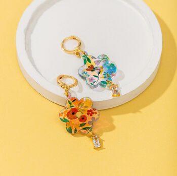 18 K Gold Plated Huggie Earrings With Iridescent Summer Flowers And A Hanging Gemstone, 2 of 9