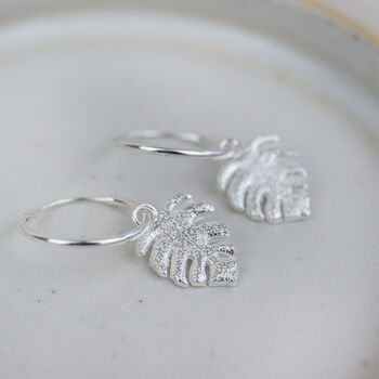 Sterling Silver Textured Monstera Charm Hoops, 2 of 3