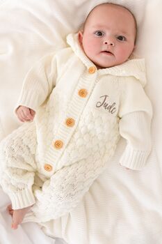 Cream Chunky Knit Personalised Embroidered Long Sleeve Pramsuit With Hood, 2 of 9
