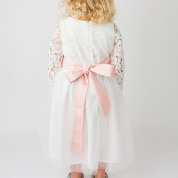 Long Sleeve White Lace Tulle Flower Girl Dress, 6 of 11