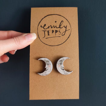 Crescent Moon Stud Earrings, Silver And Grey, 2 of 3