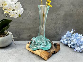 Molten Glass Vase On Teak Driftwood Handmade Wooden Decor Individual Gift, 2 of 6