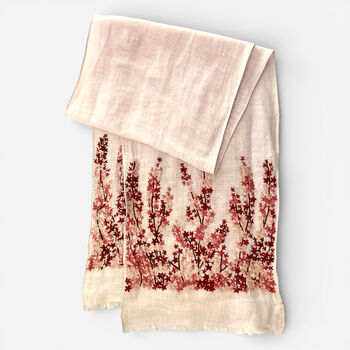 Hand Embroidered 100% Linen Scarf In Light Pink Meadow Floral, 2 of 7