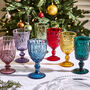 Set Of Four Vintage Embossed Coloured Wine Glasses, thumbnail 1 of 11