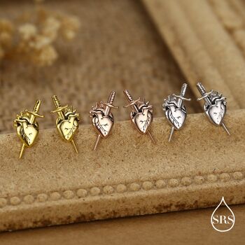 Sterling Silver Anatomical Heart Dagger Stud Earrings, 2 of 12