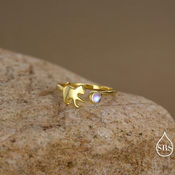 Sterling Silver Cat Playing With Ball Ring With Lab Created Moonstones, 4 of 12