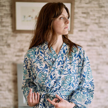 Turquoise And Royal Blue Floral Block Printed Robe, 4 of 10