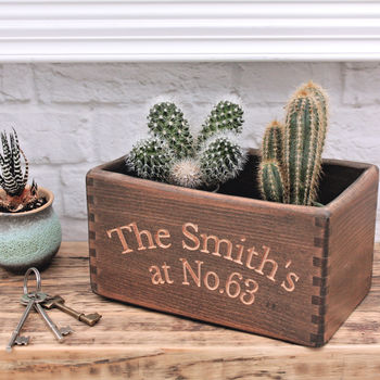 Personalised Carved Wooden Pot Planter Or Storage Box, 2 of 4